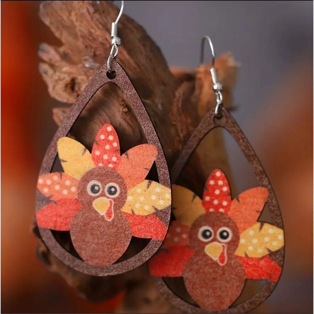 Thanksgiving Turkey Earrings Hollow Water Drop Dangle Wooden Jewelry Female Gift - Picture 3 of 8
